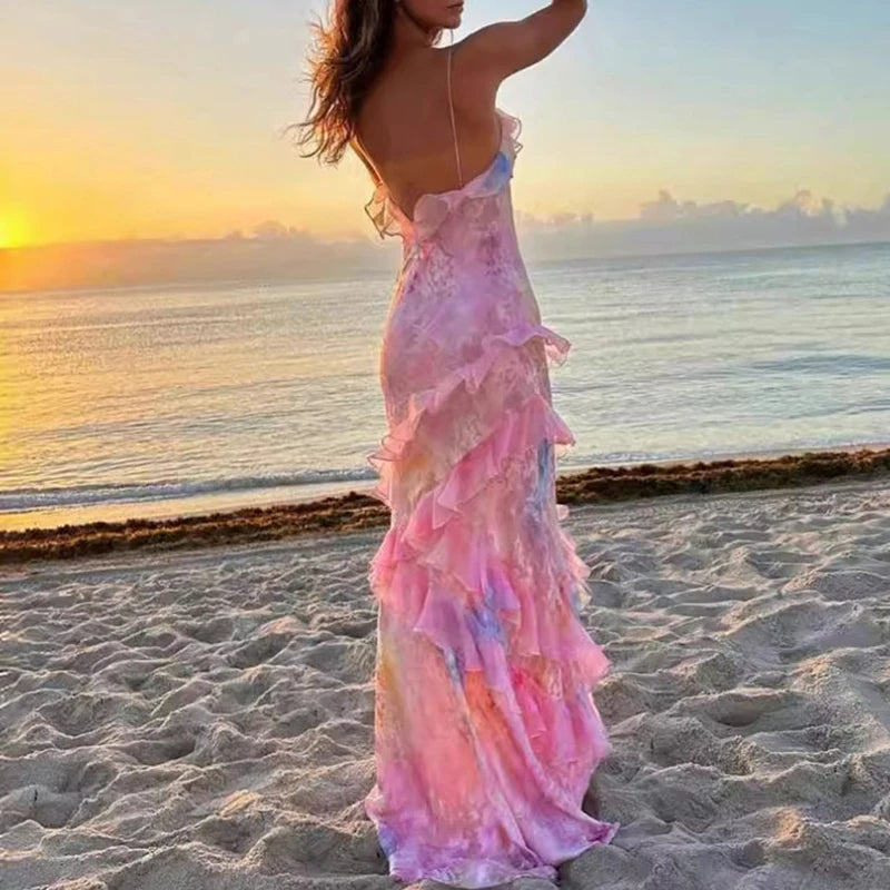 Vestido largo bohemio con volantes y escote en V, vista lateral