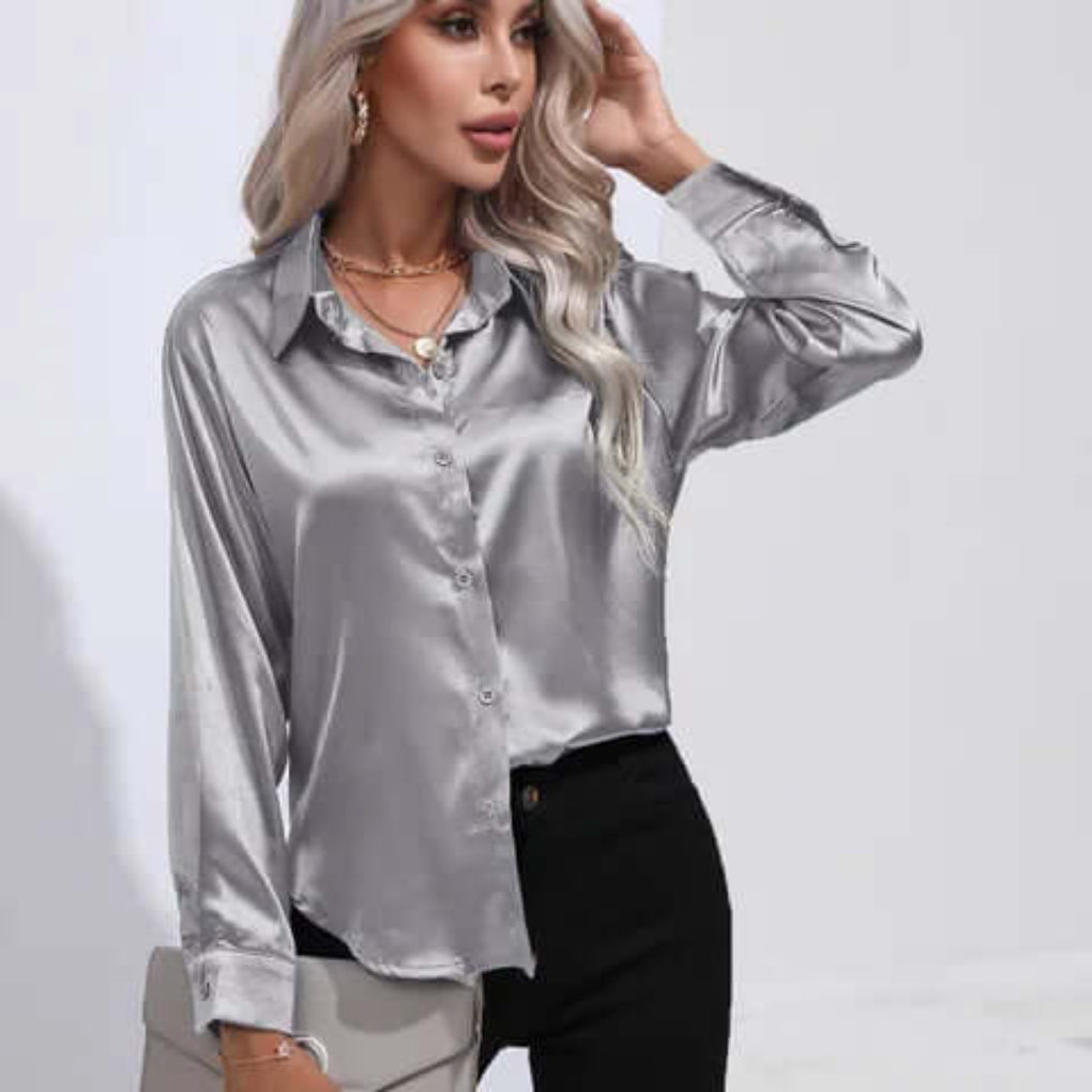 Blusa de Satín Suelta de Manga Larga para Mujer