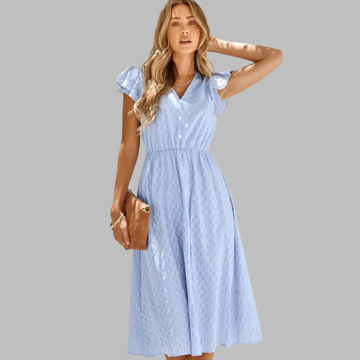 Vestido Midi con Volantes y Cuello en V Fluido para Mujer