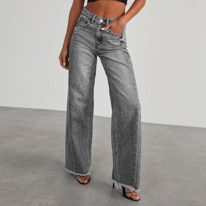 Jeans de Pantalón Ancho para Mujeres con Bolsillo Desgastado