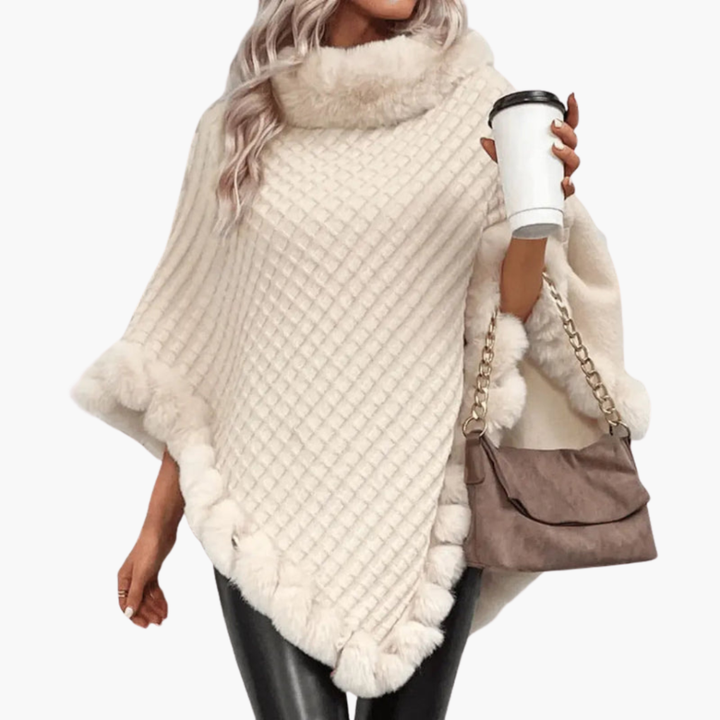 Poncho de Punto para Mujeres con Bordes de Piel Sintética y Ajuste Sobredimensionado