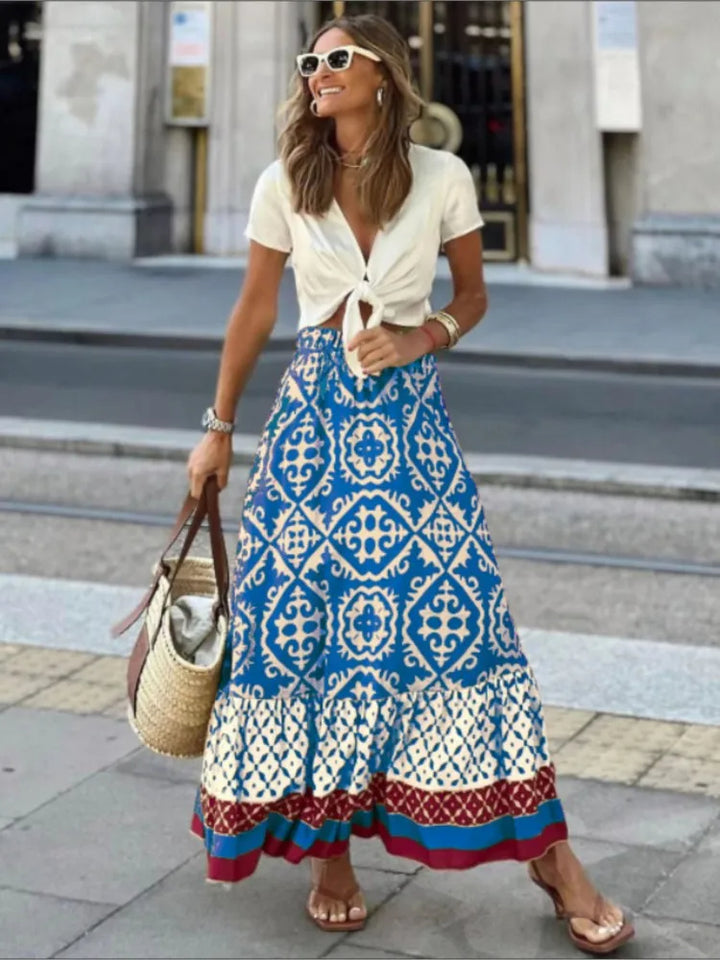 Elegante falda larga con estampado floral y cintura elástica