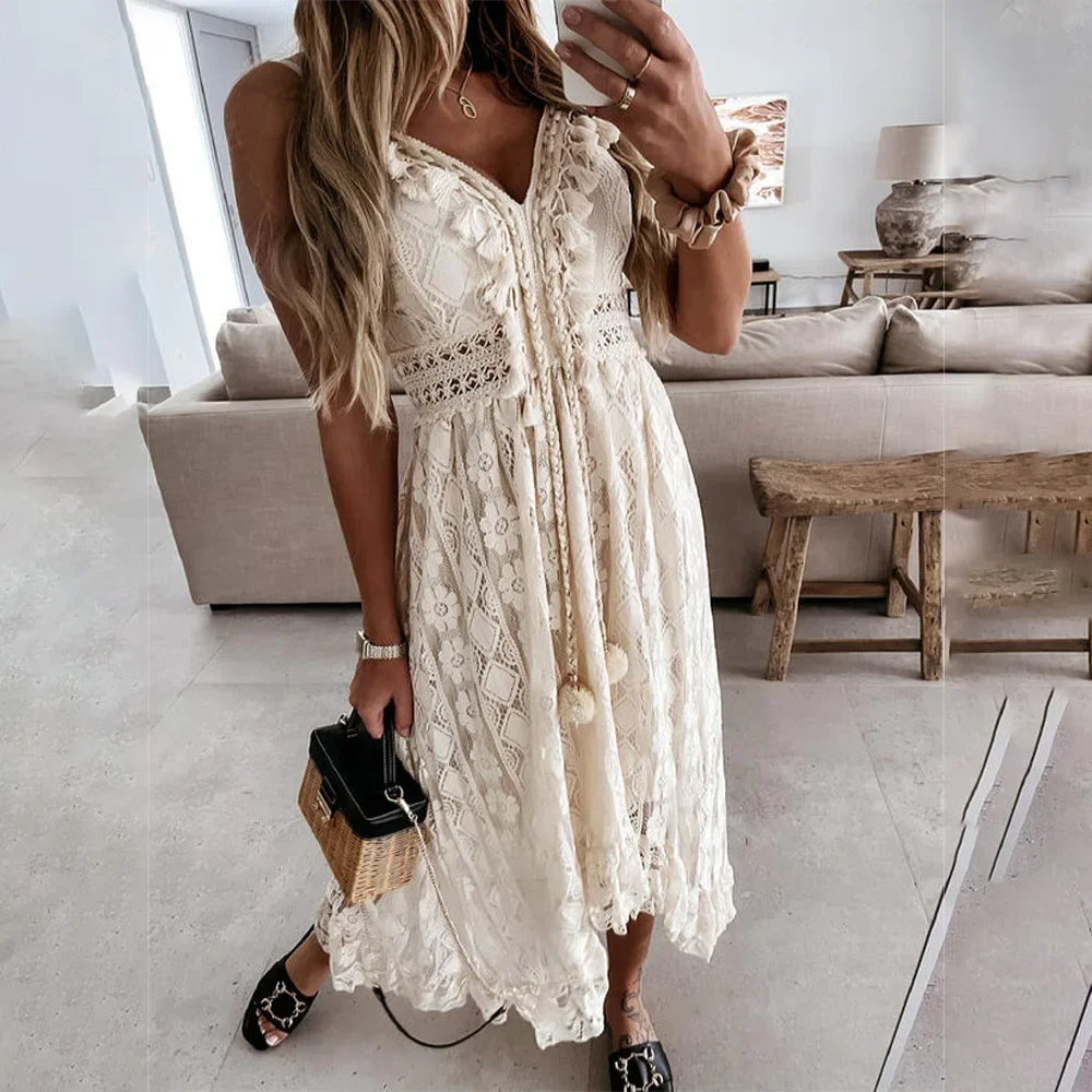 BreezeCharm – Vestido boho de encaje con lazo y borlas