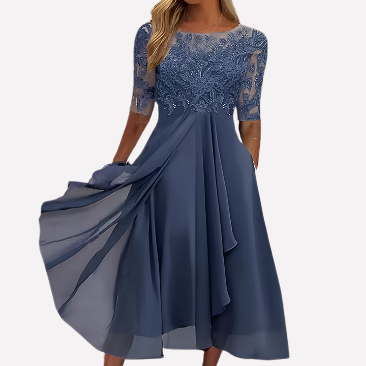 Vestido de Noche de Chifón con Encaje Floral para Mujeres
