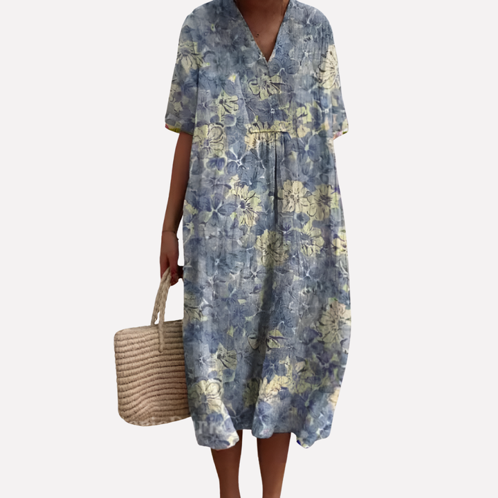 Vestido Floral de Verano para Mujeres – Cuello en V y Mangas Cortas