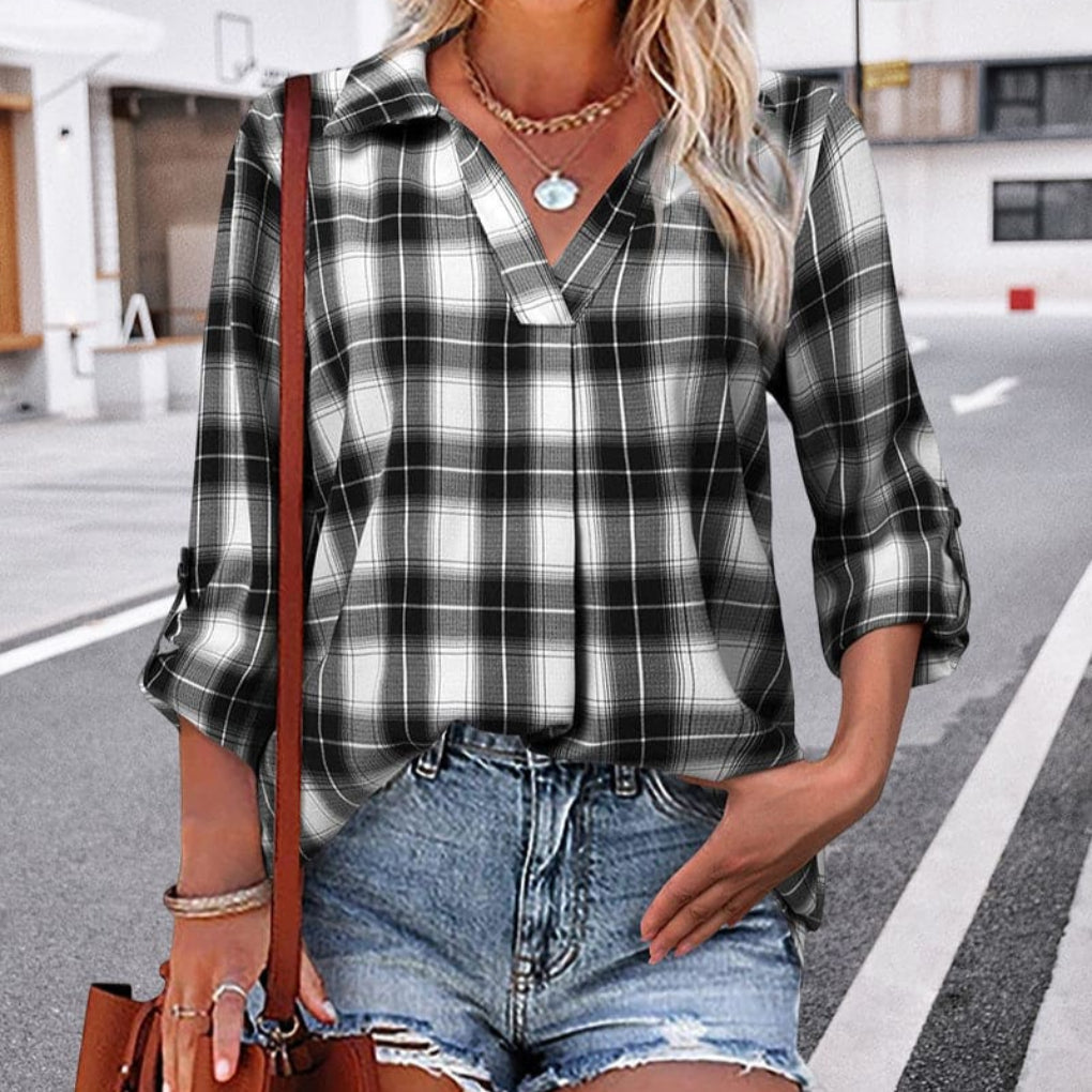 Blusa de Mujer de Cuadros con Mangas Largas y Cuello en V