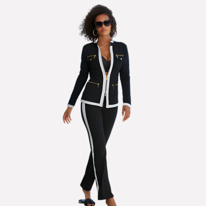 Conjunto de Chaqueta con Cremallera y Pantalones para Mujeres – Estilo con Trim de Contraste