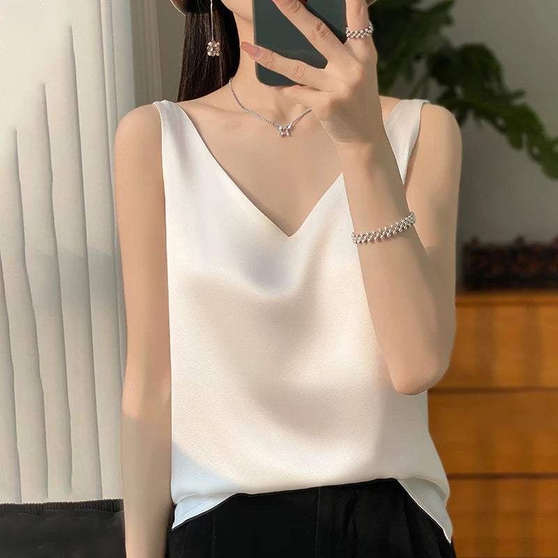 Top de tejido satinado para mujer, detalle del tejido