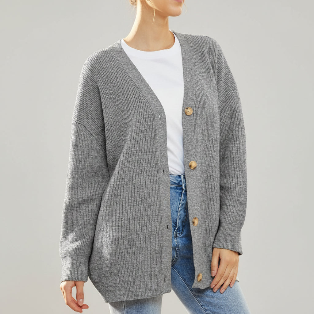 Cardigan Oversize con Cuello en V y Cierre de Botón para Mujeres