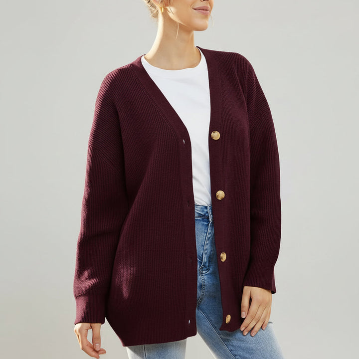 Cardigan Oversize con Cuello en V y Cierre de Botón para Mujeres