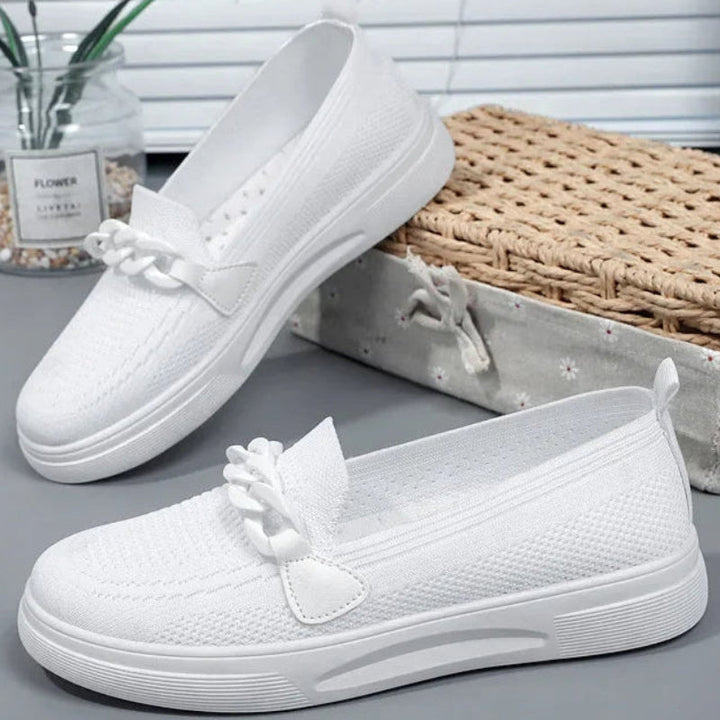 Zapatillas sin cordones de malla transpirable para mujer, detalle del acabado