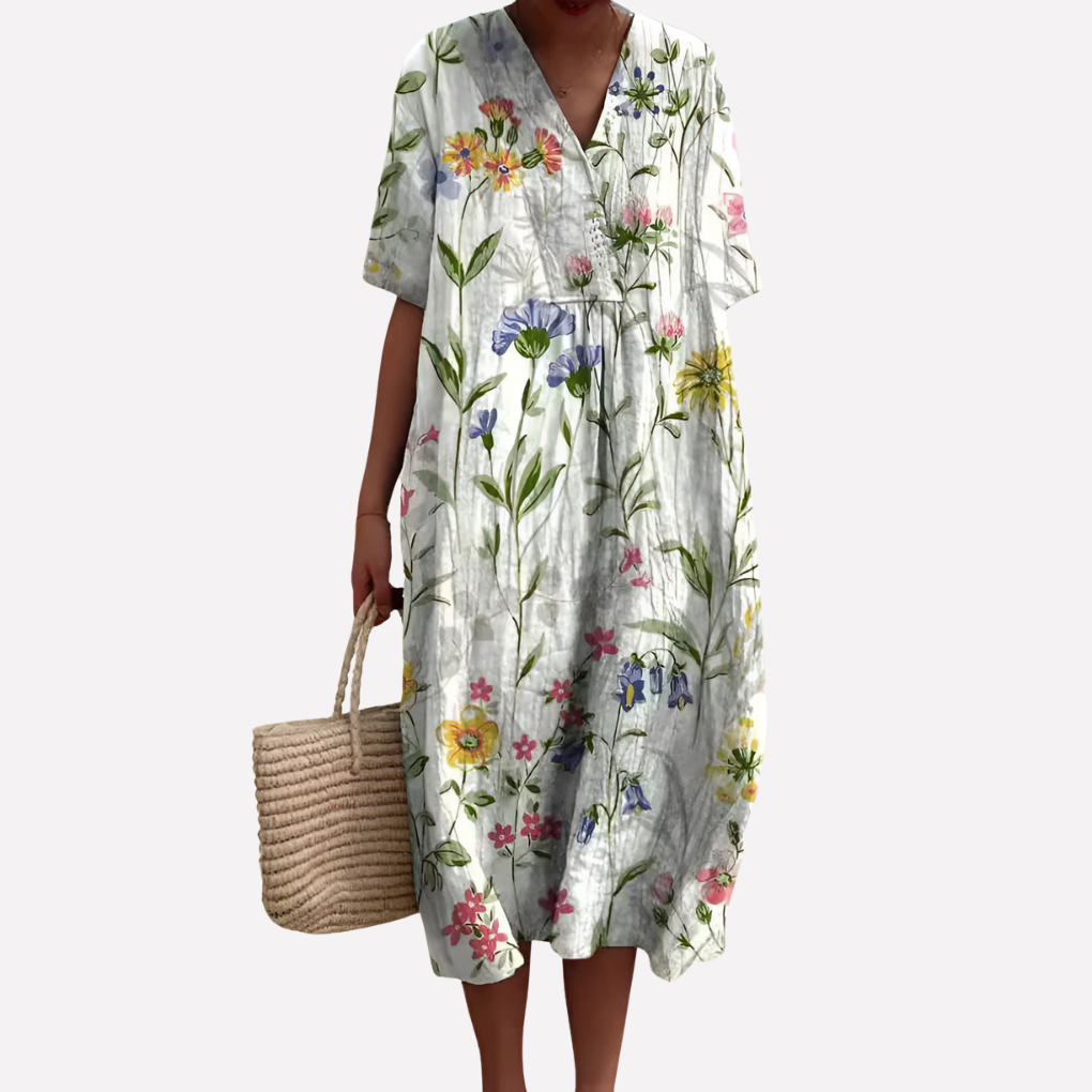 Vestido Floral de Verano para Mujeres – Cuello en V y Mangas Cortas