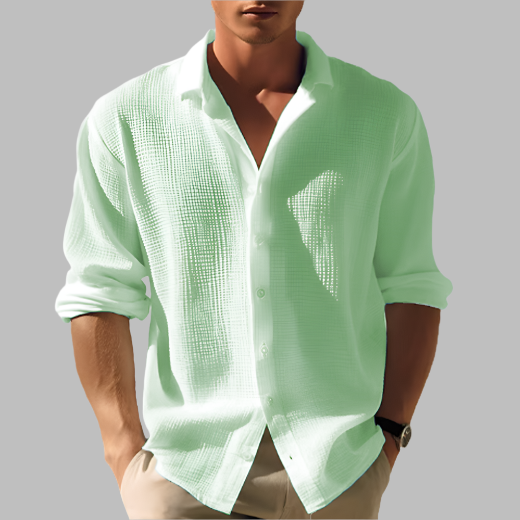 Camisa ligera de algodón y lino de color sólido para hombres