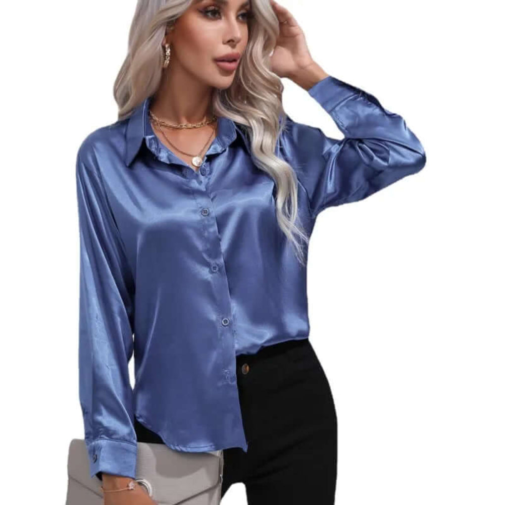 Blusa de Satín Suelta de Manga Larga para Mujer