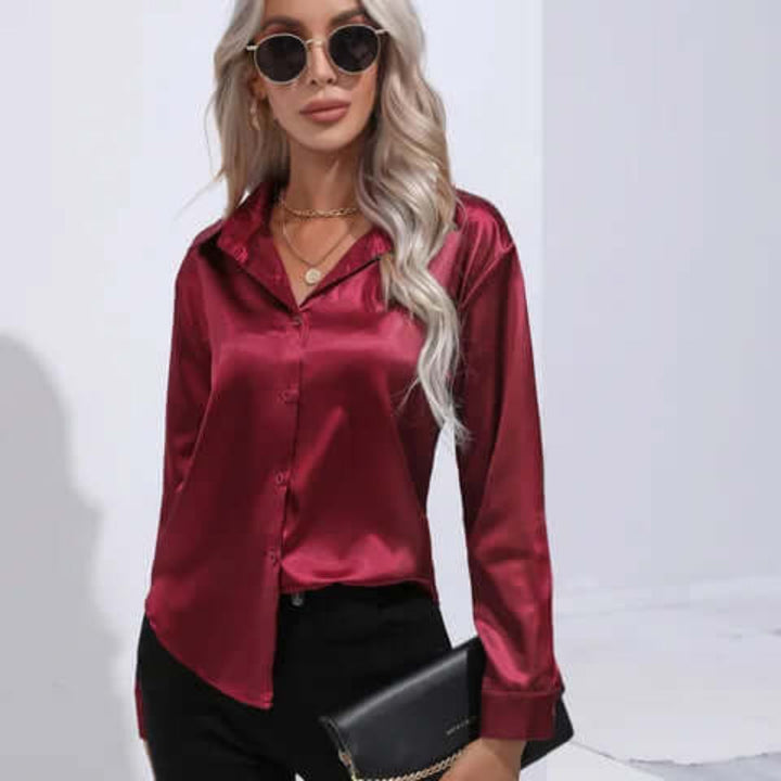 Blusa de Satín Suelta de Manga Larga para Mujer