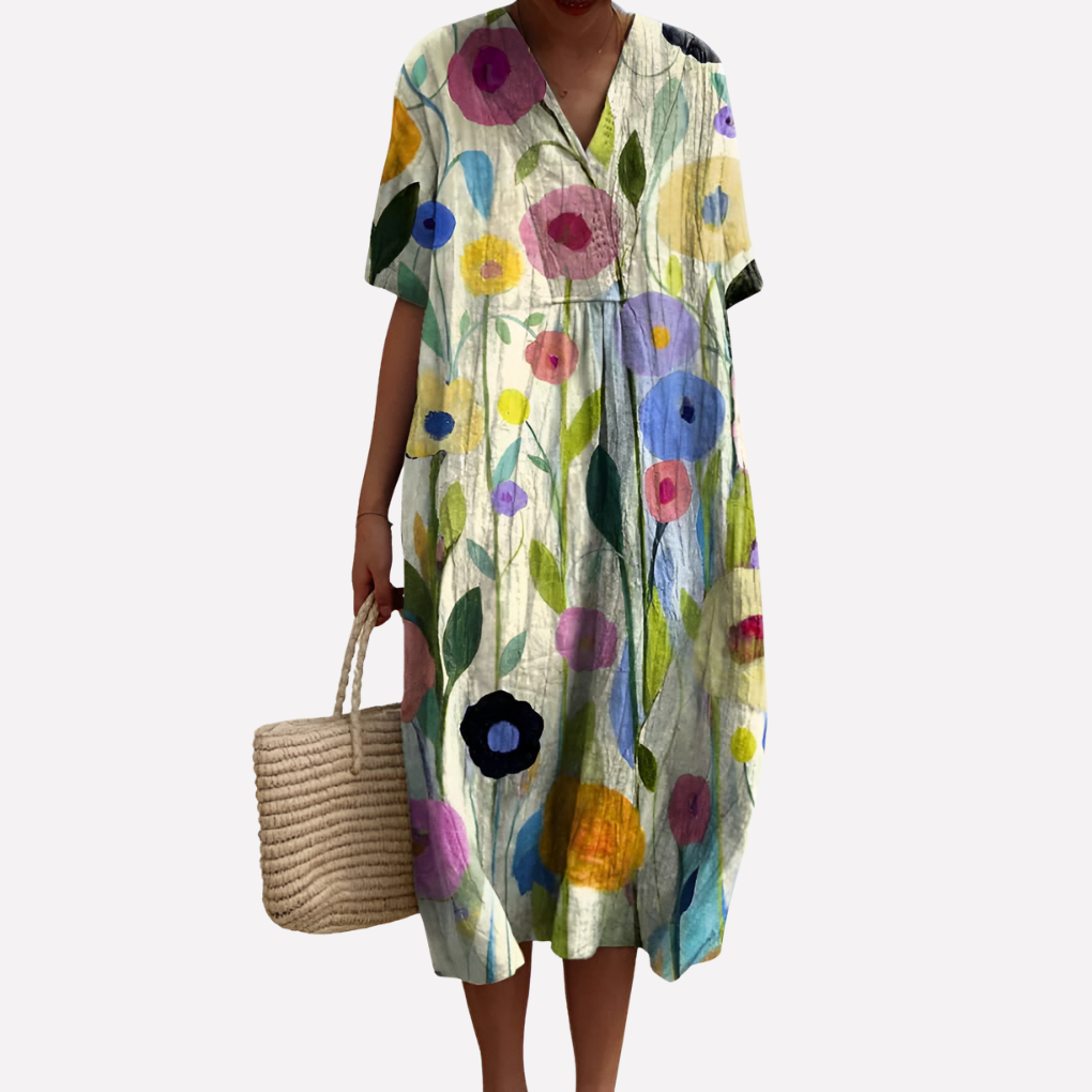 Vestido Floral de Verano para Mujeres – Cuello en V y Mangas Cortas