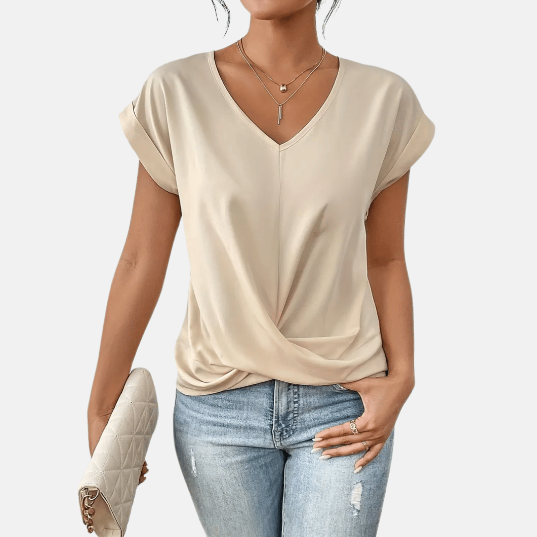 Blusa de Cuello en V para Mujeres con Bajo Drapedado