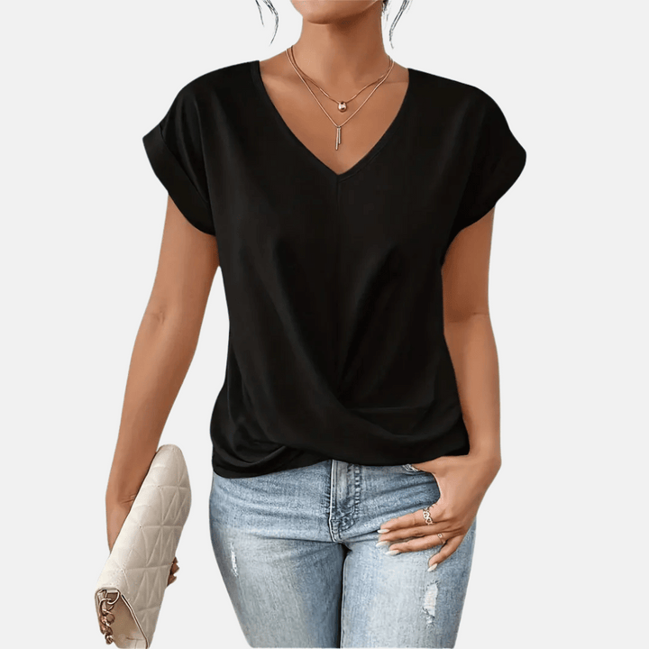 Blusa de Cuello en V para Mujeres con Bajo Drapedado