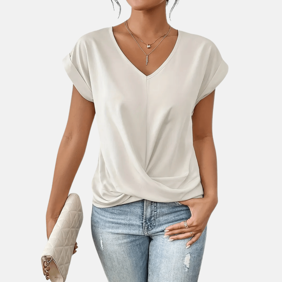 Blusa de Cuello en V para Mujeres con Bajo Drapedado