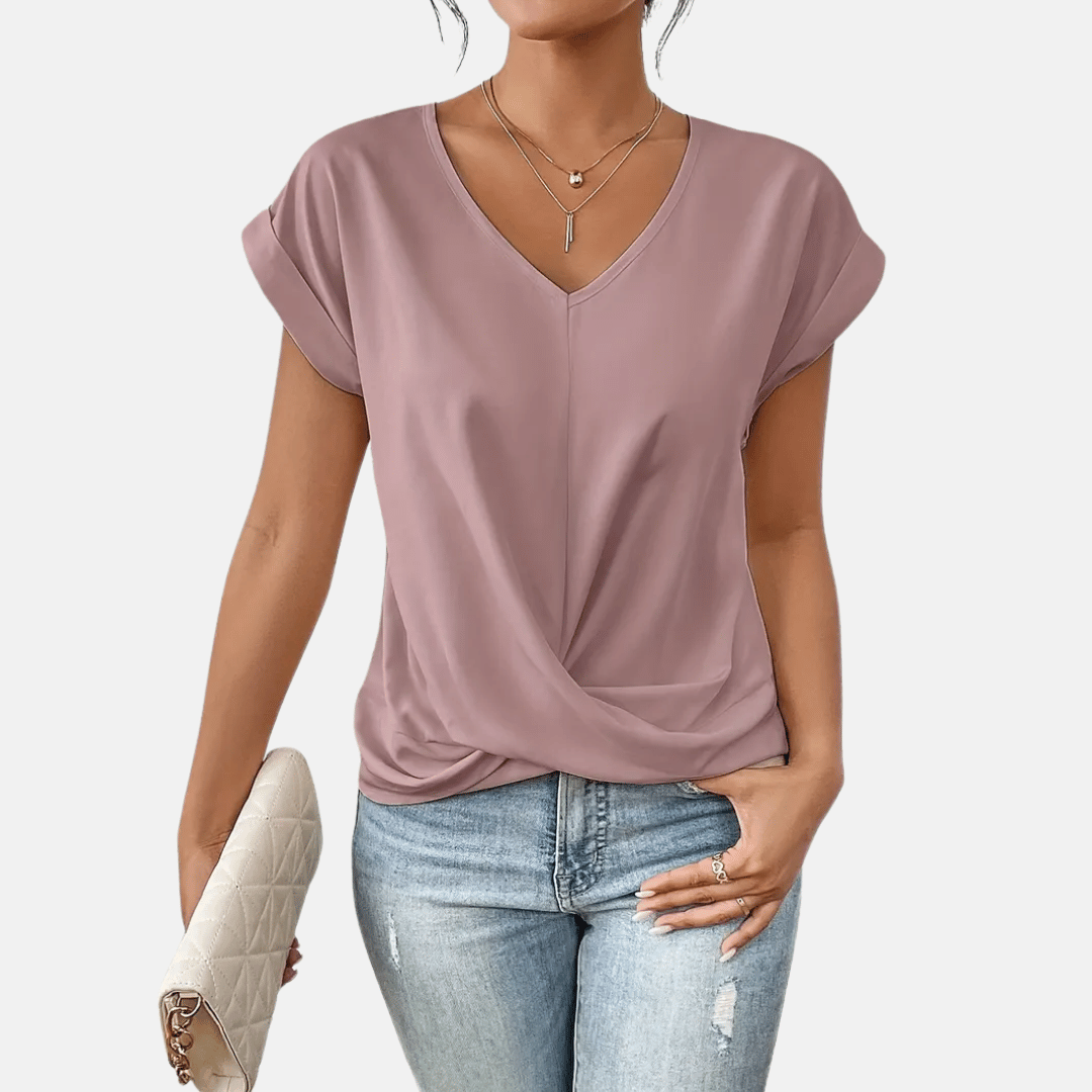 Blusa de Cuello en V para Mujeres con Bajo Drapedado