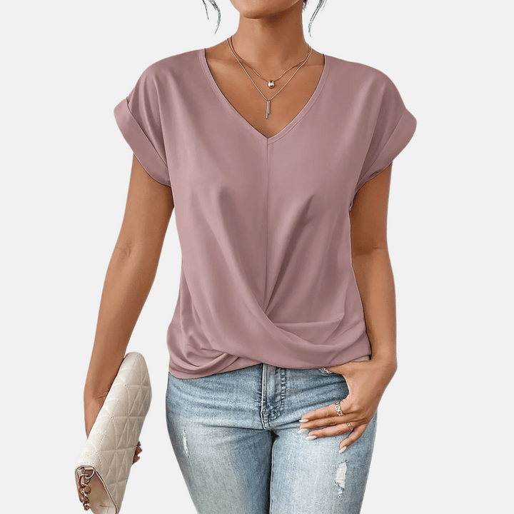 Blusa de Cuello en V para Mujeres con Bajo Drapedado
