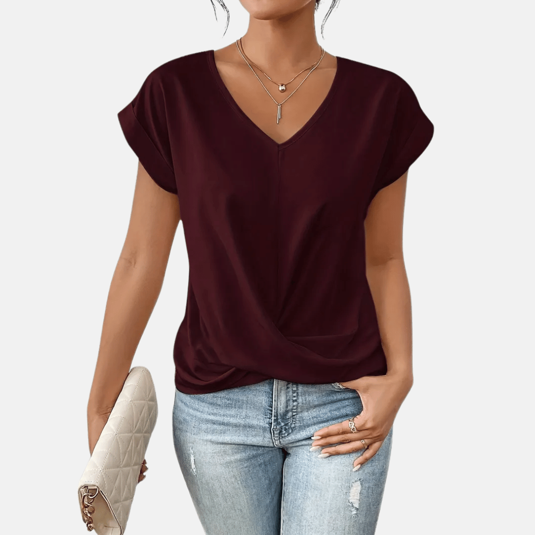 Blusa de Cuello en V para Mujeres con Bajo Drapedado