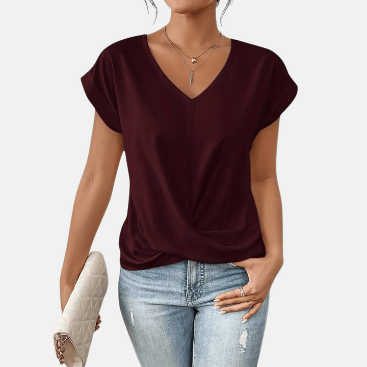 Blusa de Cuello en V para Mujeres con Bajo Drapedado