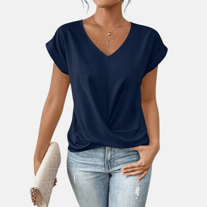 Blusa de Cuello en V para Mujeres con Bajo Drapedado