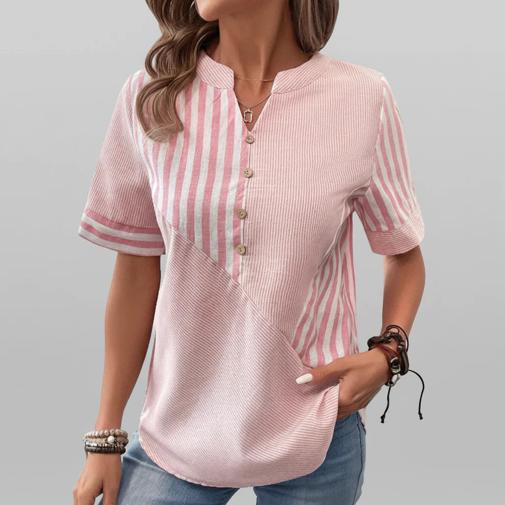 Blusa Ligera a Rayas para Mujeres con Cuello Mandarín