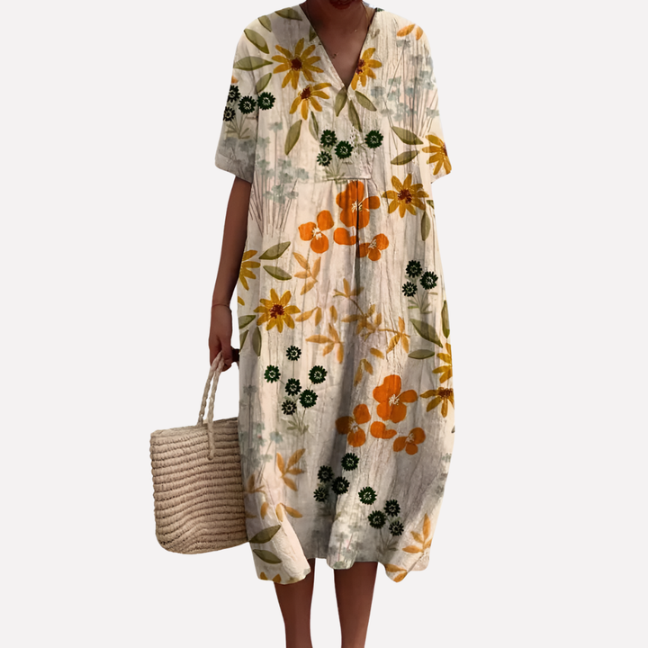 Vestido Floral de Verano para Mujeres – Cuello en V y Mangas Cortas