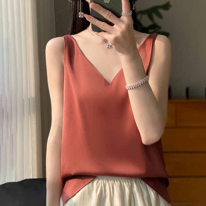 Top de tejido satinado para mujer, vista posterior