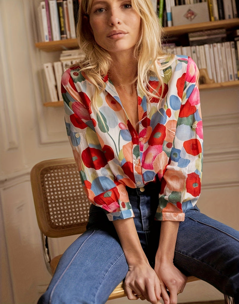 Camisa Botonada Estampado Floral Cartoon