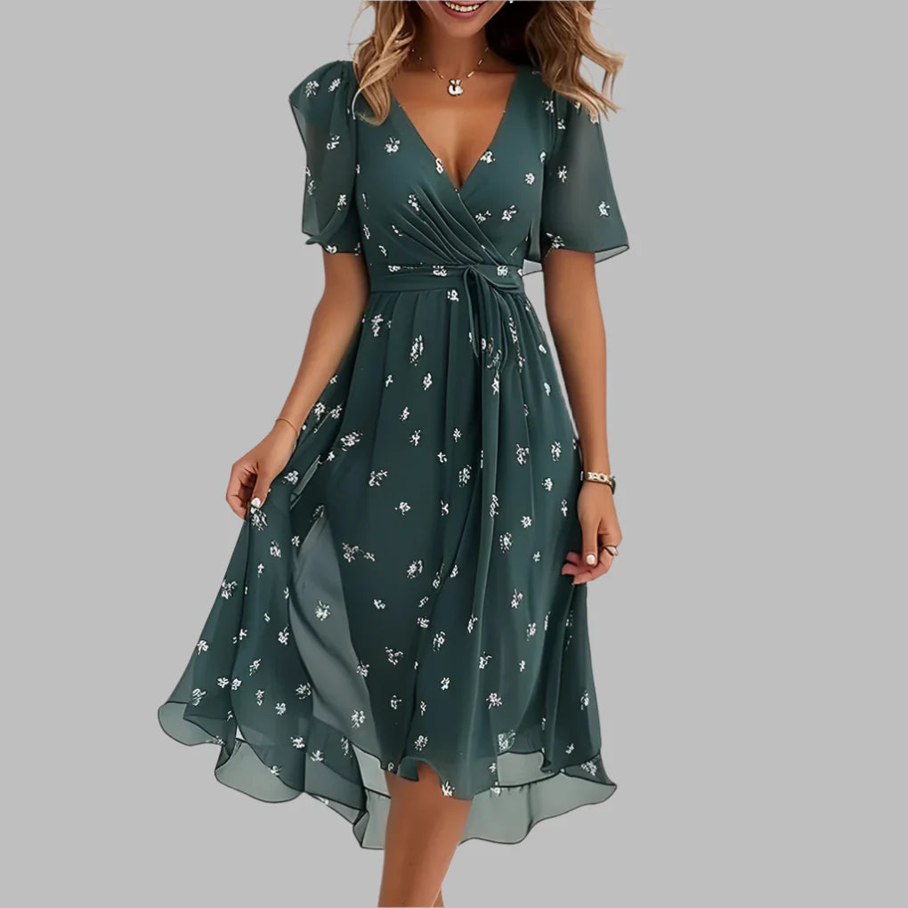 Vestido Midi Arrugado Floral Elegante para Mujeres