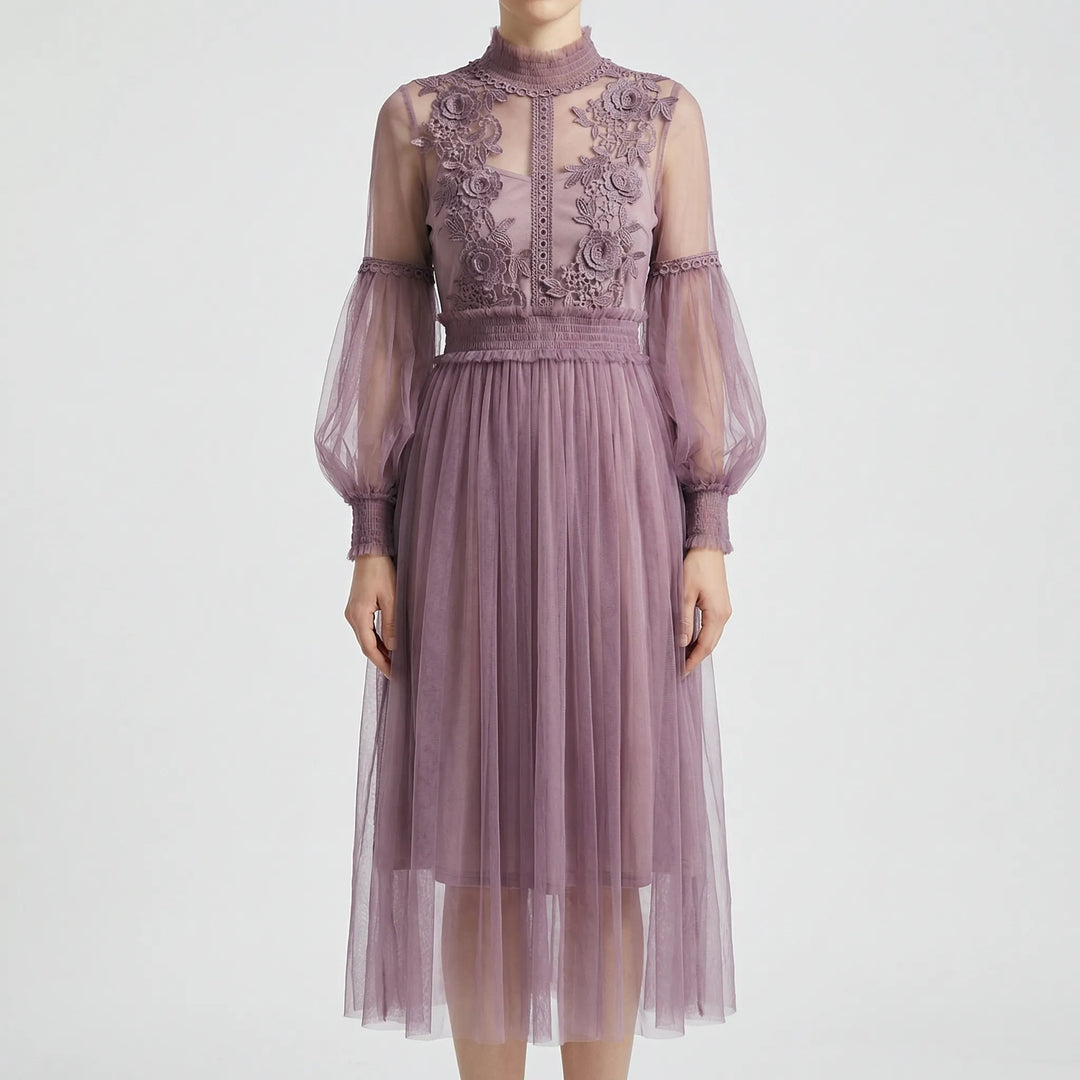 Blossamé - Vestido midi de malla con aplicaciones florales