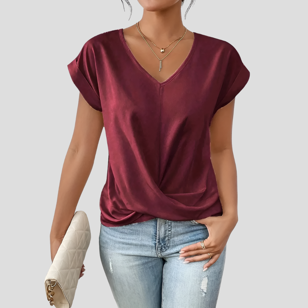 Blusa de Cuello en V para Mujeres con Bajo Drapedado
