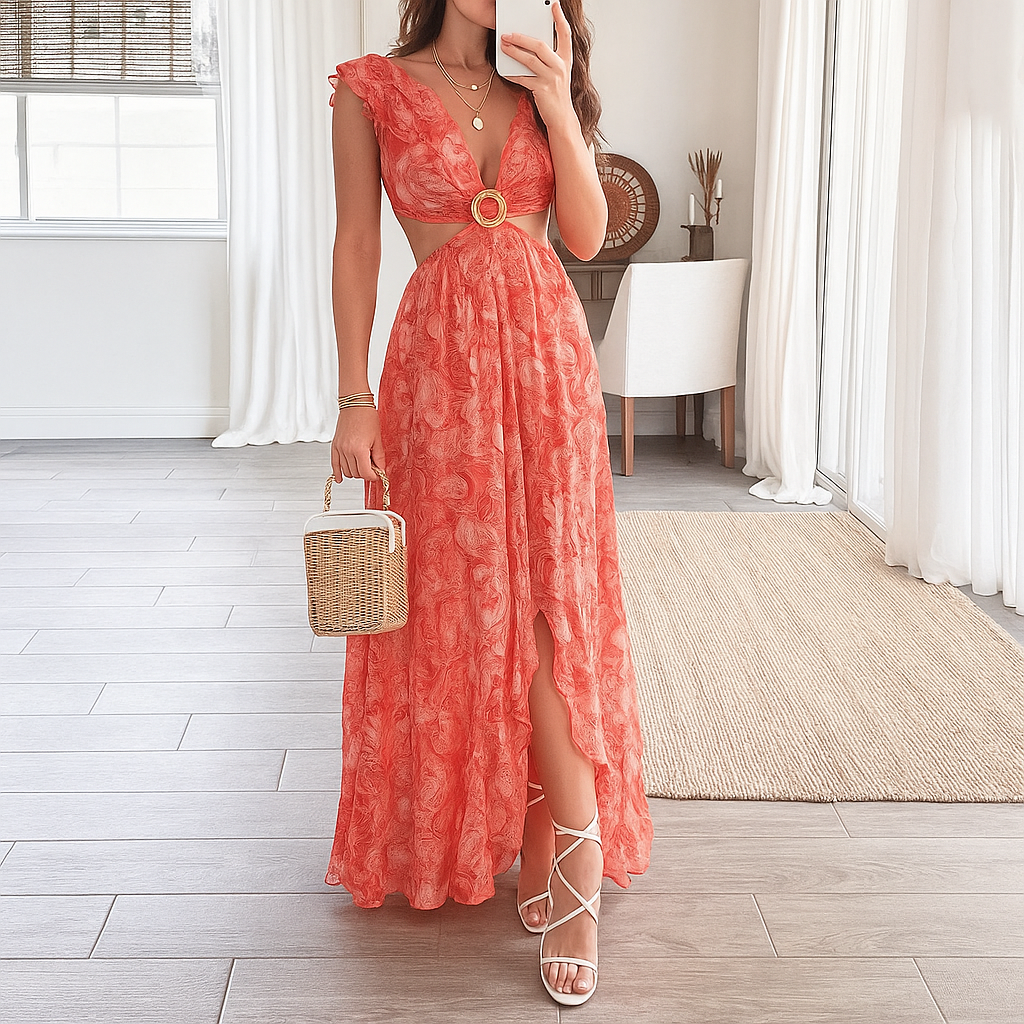 Vestido Maxi de Imprimir Floral con Cuello en V para Mujeres