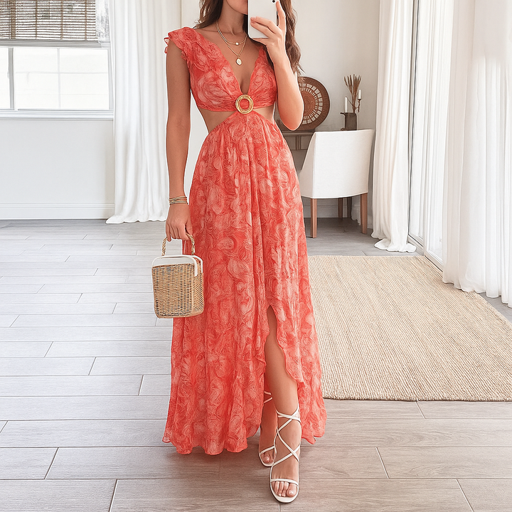 Vestido Maxi de Imprimir Floral con Cuello en V para Mujeres