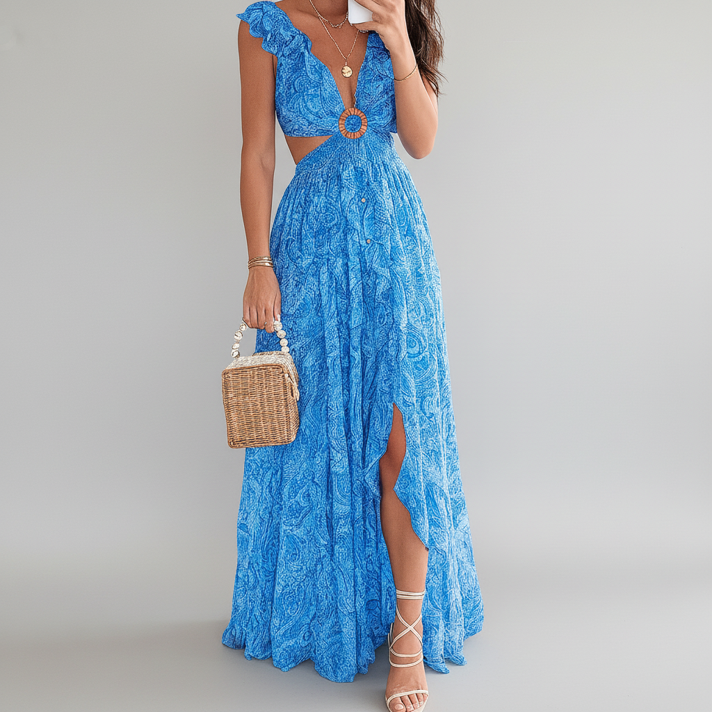 Vestido Maxi de Imprimir Floral con Cuello en V para Mujeres