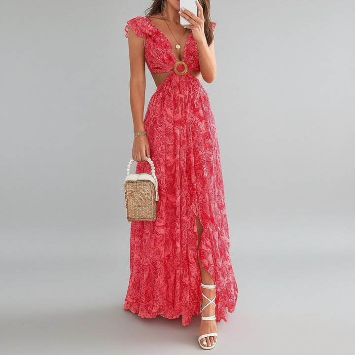 Vestido Maxi de Imprimir Floral con Cuello en V para Mujeres