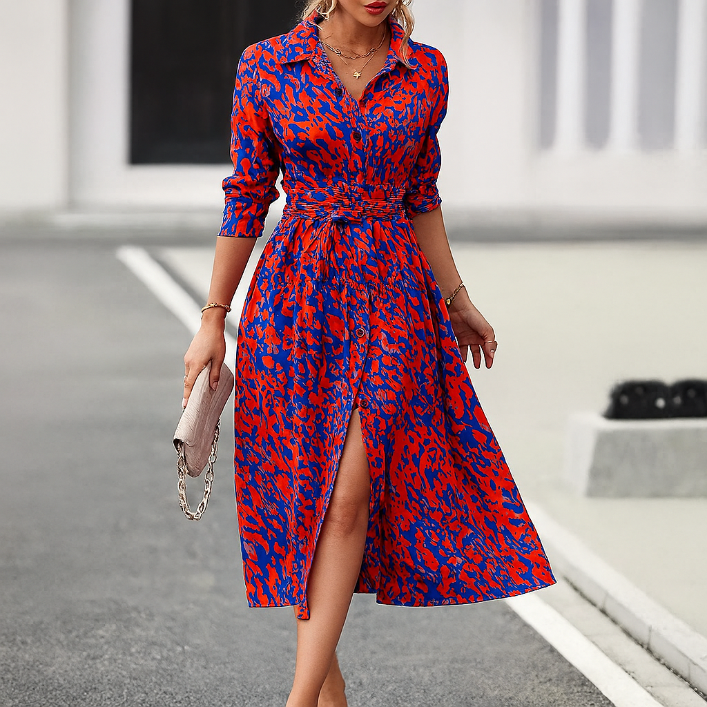 Vestido camisero de corte en A estampado con abertura