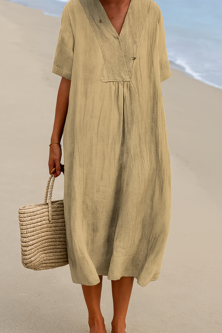 Vestido de playa holgado con cuello en V y mangas cortas