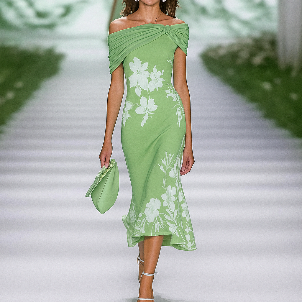 Vestido floral drapeado con hombros al aire para mujer