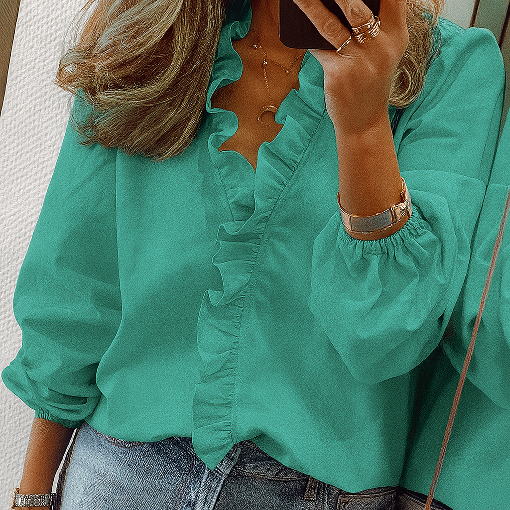 Blusa Teal con Volantes y Mangas Abullonadas