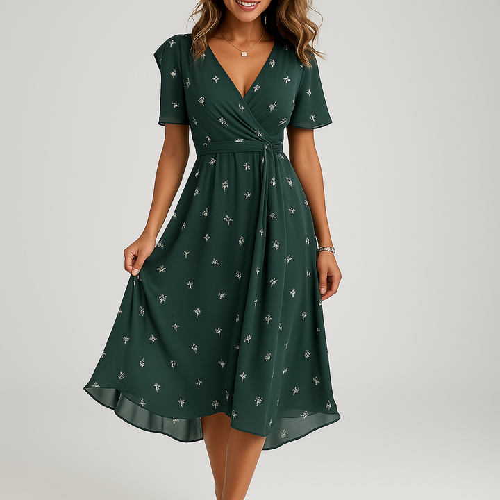 Vestido estampado con escote en V profundo, vista posterior