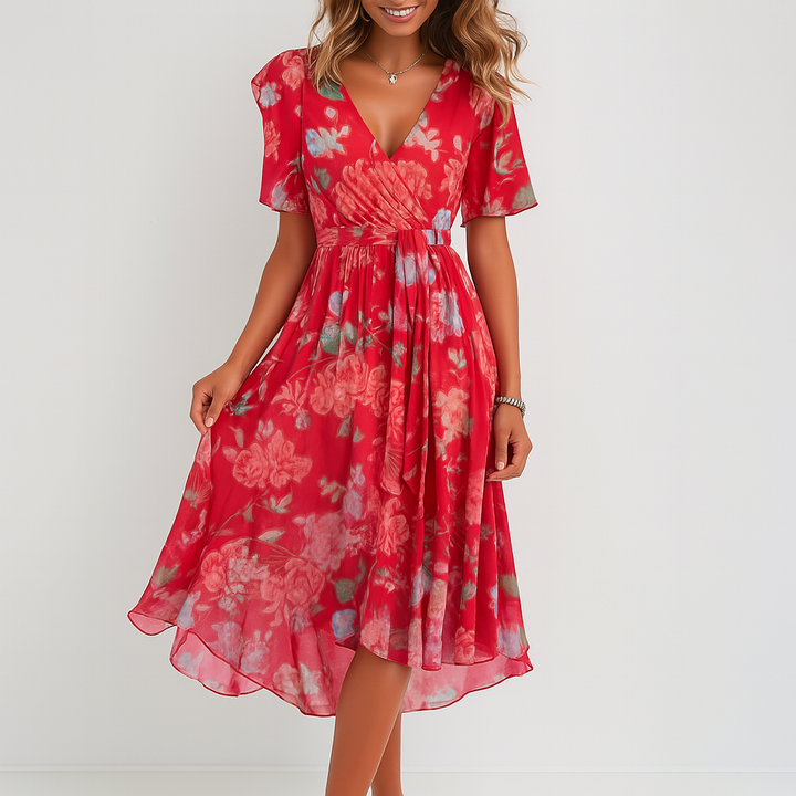 Vestido estampado con escote en V profundo, vista lateral