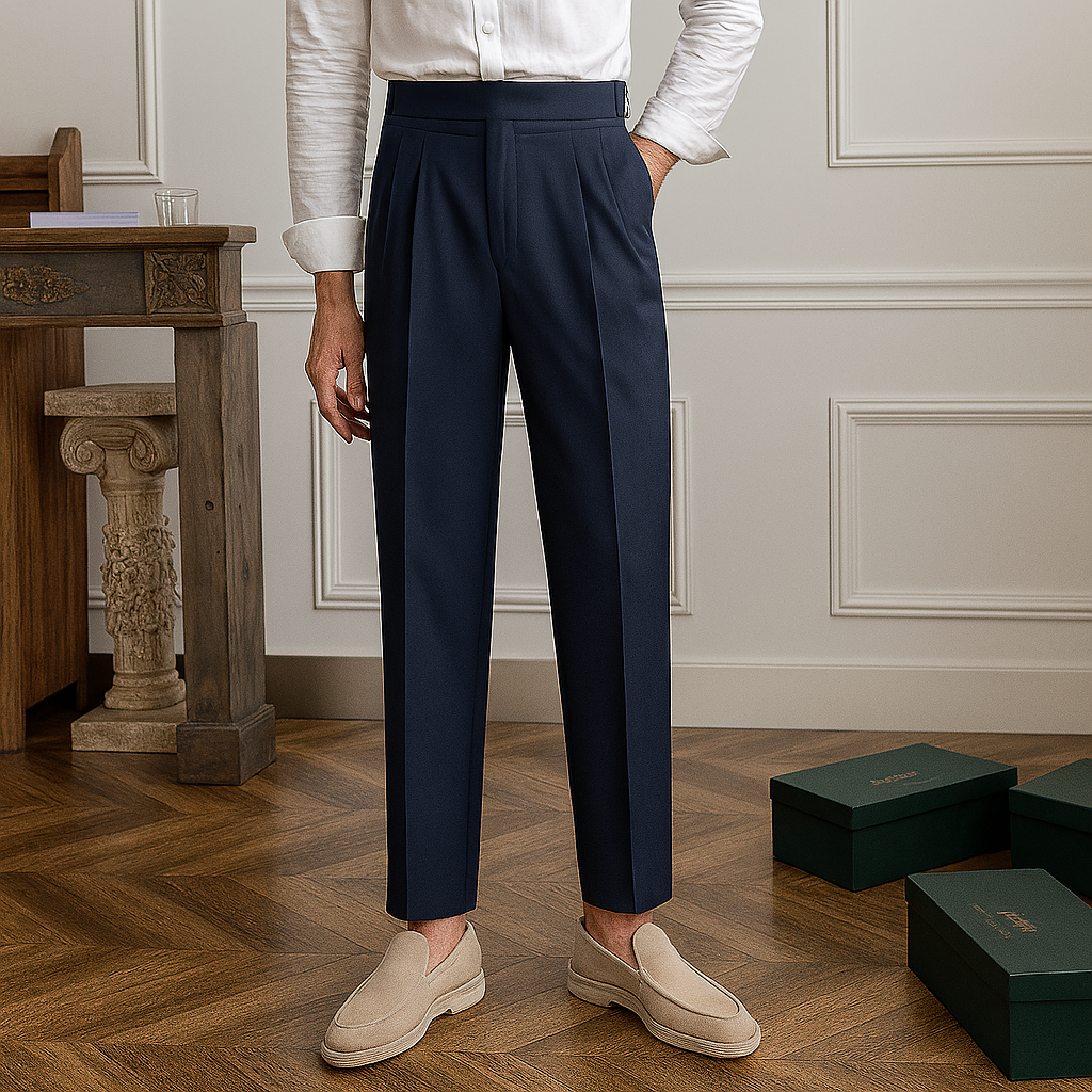 Pantalones de vestir de corte ajustado y cintura alta para hombre, vista lateral