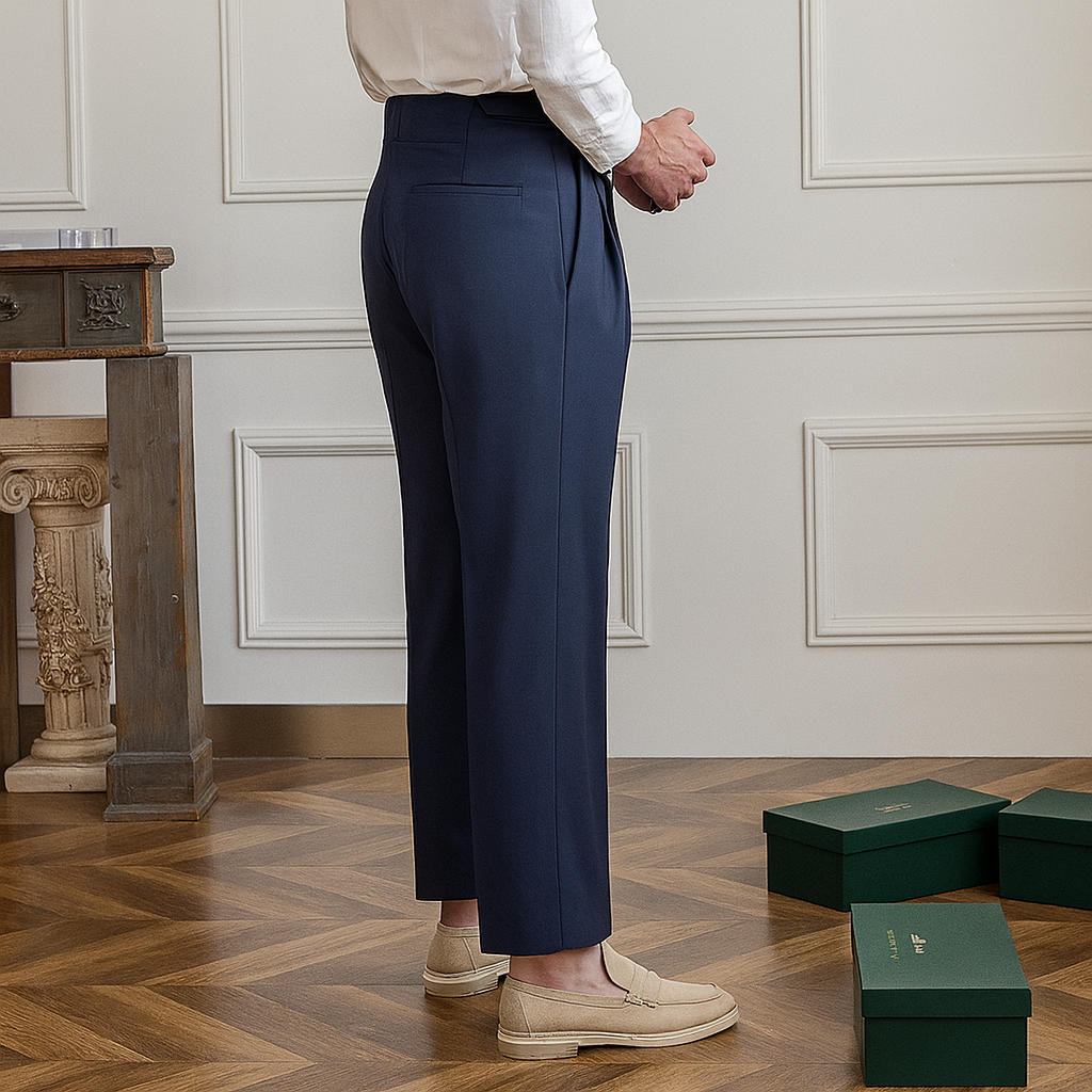 Pantalones de vestir de corte ajustado y cintura alta para hombre, detalle del tejido