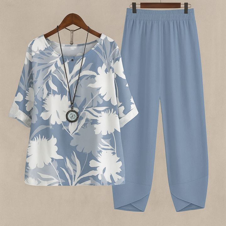 Conjunto Floral Elegante y Cómodo de 2 Piezas para Mujeres
