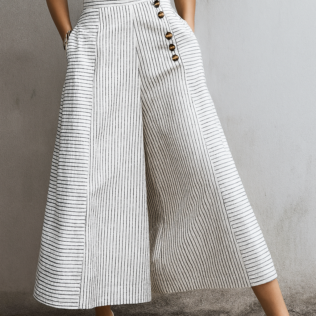 Pantalones Anchos de Cintura Alta Ligeros a Rayas para Mujeres
