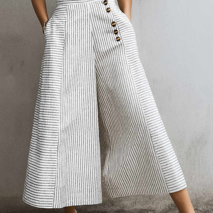 Pantalones Anchos de Cintura Alta Ligeros a Rayas para Mujeres